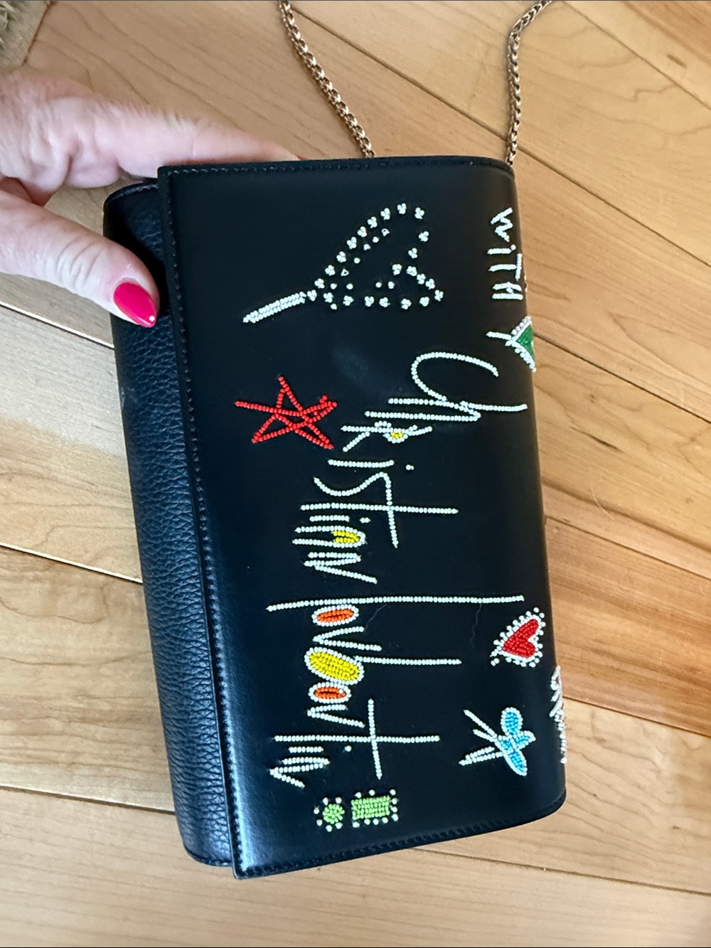 Christian Louboutin Black Leather Graffiti Crystal Clutch with Chain